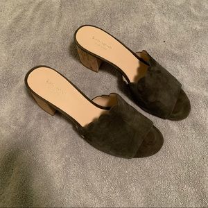 Kate Spade Olive Green Suede Mules with Scalloped Edge and Cork Heel